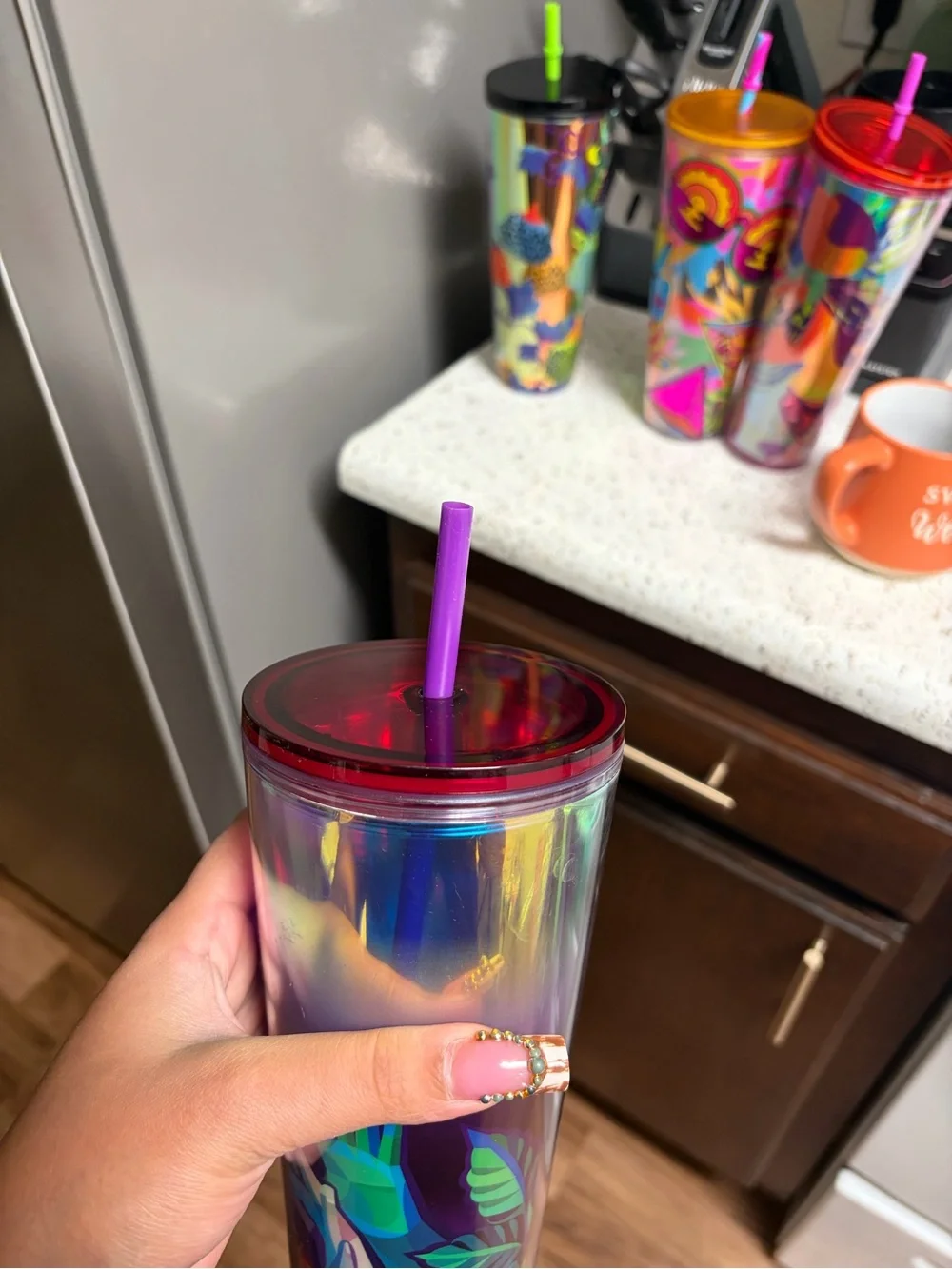 Starbucks Iridescent Purple Rainbow Hand-Sign Tumbler with Pink Straw
